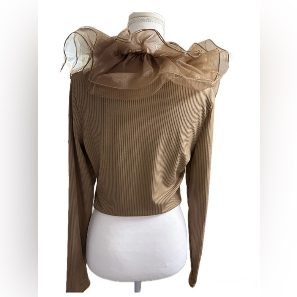 ZARA Ribbed Crop Top Large Taupe Organza Ruffle Long Sleeve Romantic. - Picture 7 of 11